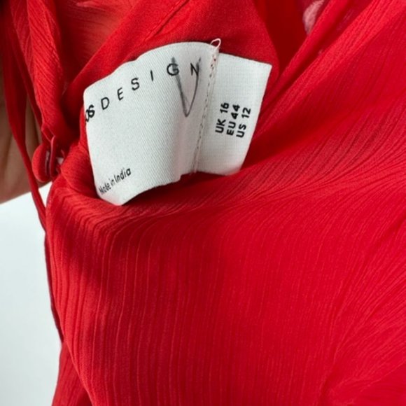 ASOS DESIGN tie back pleated sleeve mini dress in red with pink embroidery US 12 - Picture 8 of 9